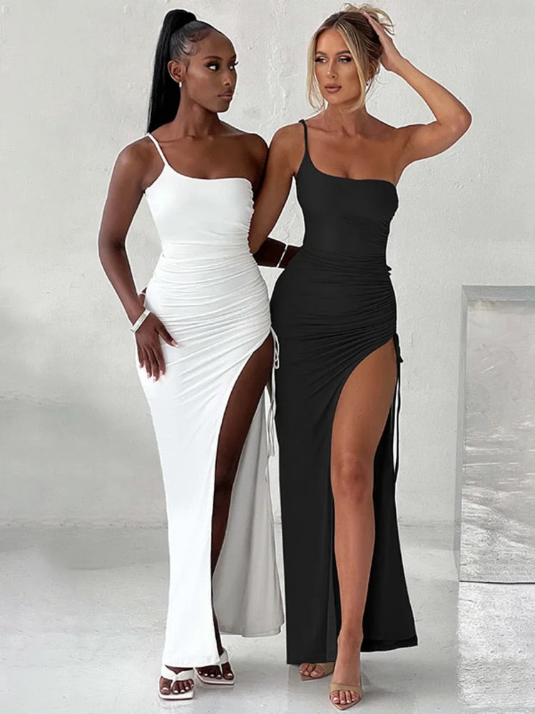 Oocharger One Shoulder Strap Thigh High Split Maxi Dress For Women Robe Sleeveless Backless Bodycon Sexy Club Party Long Dress