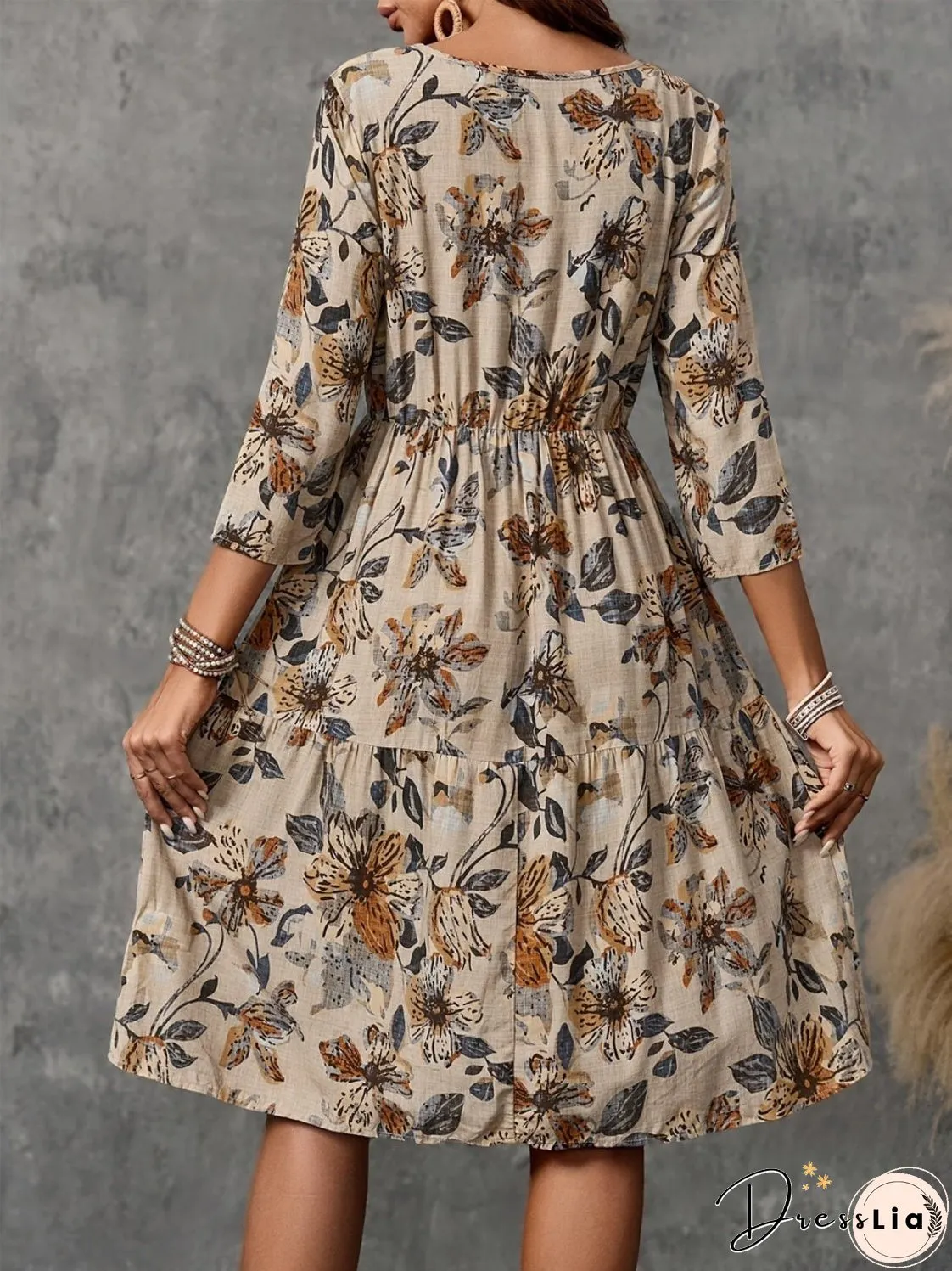Printed Round Neck Three-Quarter Sleeve Dress