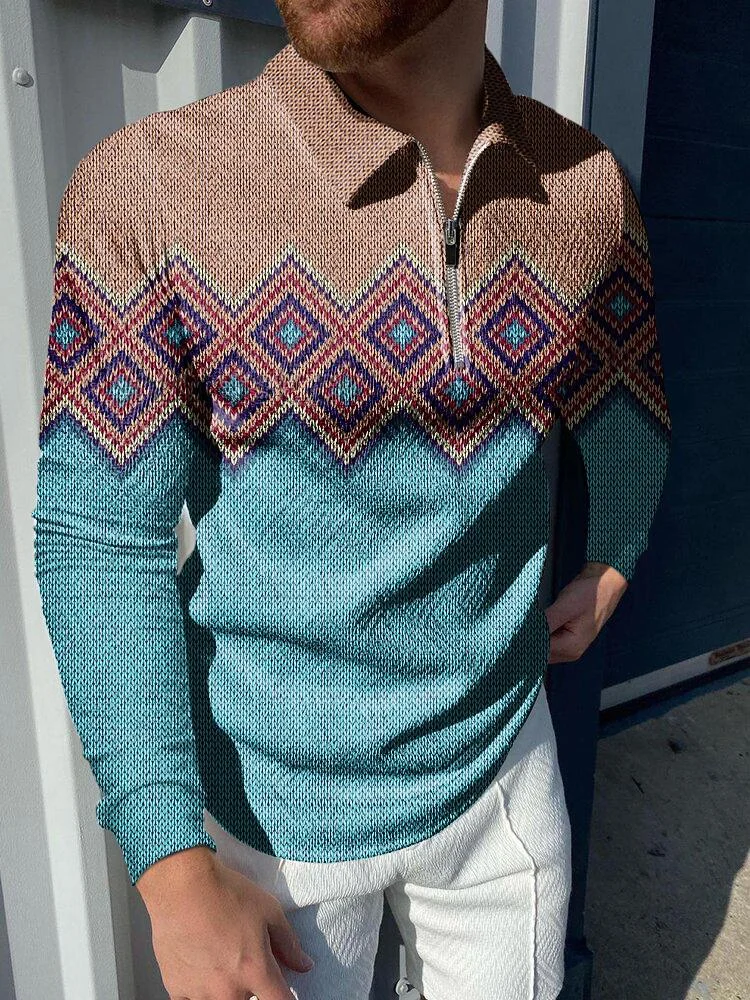 men's casual gradient printing polo long sleeves