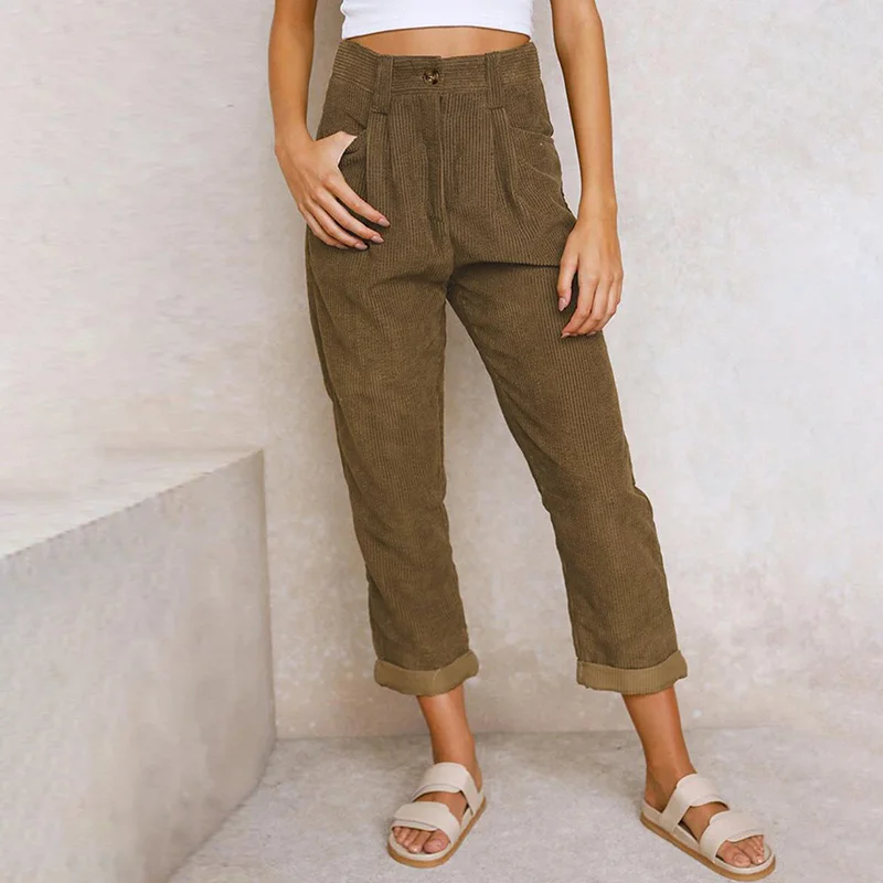 Casual Solid Corduroy Loose Straight Leg Pants