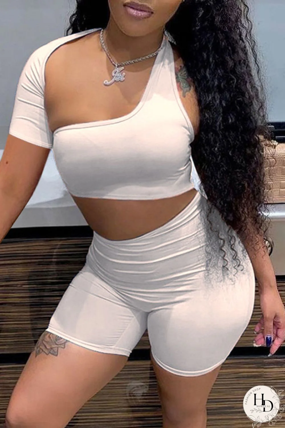 Blue Sexy Solid Hollowed Out Asymmetrical Collar Short Sleeve Two Pieces