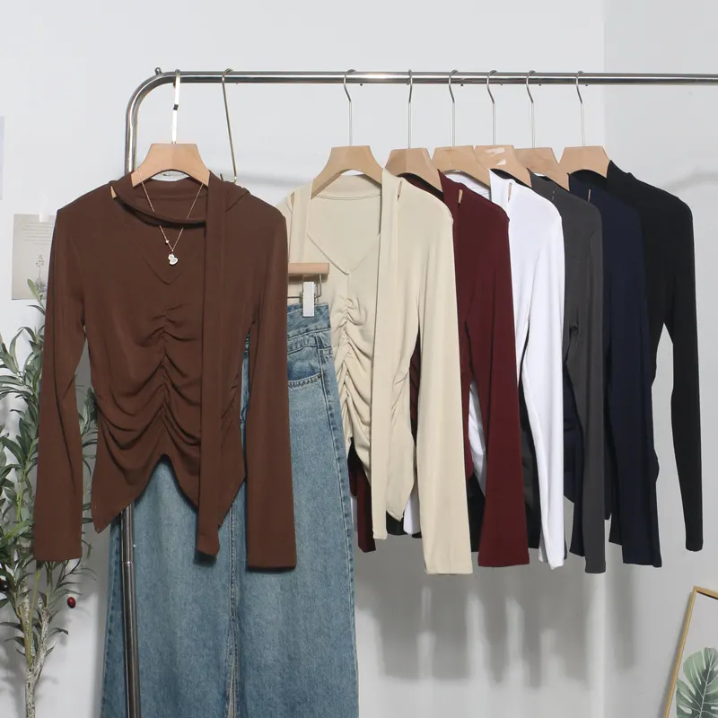 Uveng Real Shooting Explosion Long-Sleeved T-Shirt Girl Autumn Folded Waist-Bottomed Shirt V-Neck Ribbon Open Fork Short Top 9080