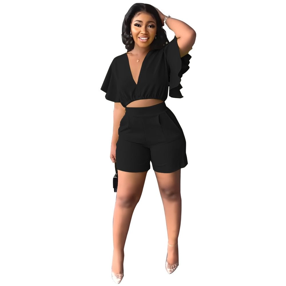 Summer Fashion Two Piece Set Women Casual Ruffled Sleeve V-neck Tops Shorts Two Piece Pants Suit Women