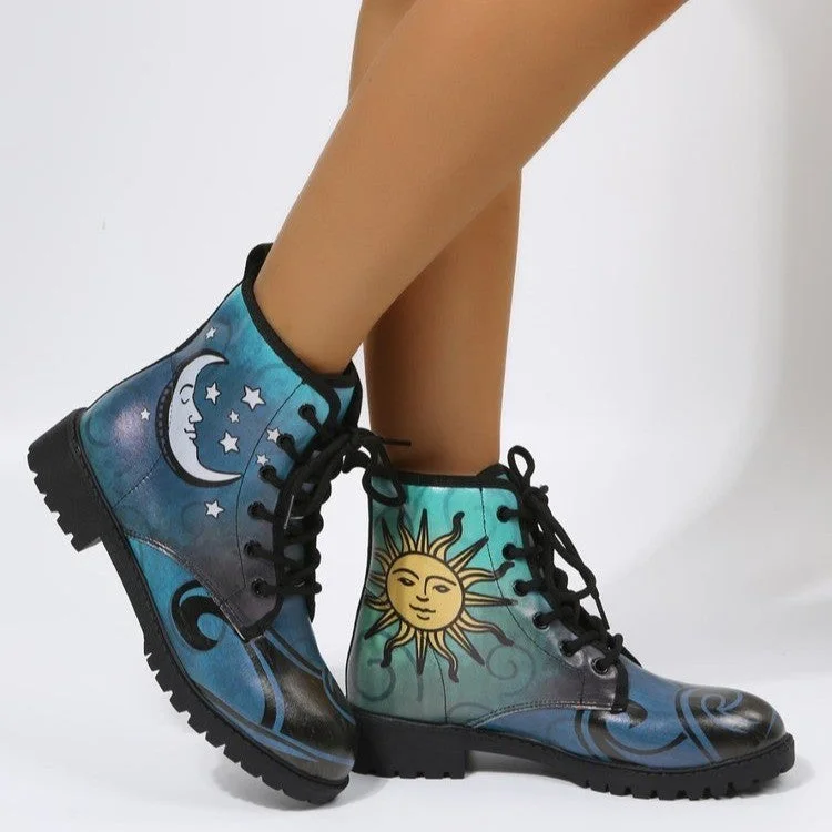 Women's Sun Moon Printed Lace Up Booties Vintage Low Heels Combat Boots High Cut