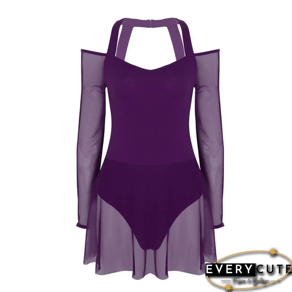 Women Adult Off The Shoulder Long Sleeve Halter Neck Mesh Bodysuit Ballet Dance Dress