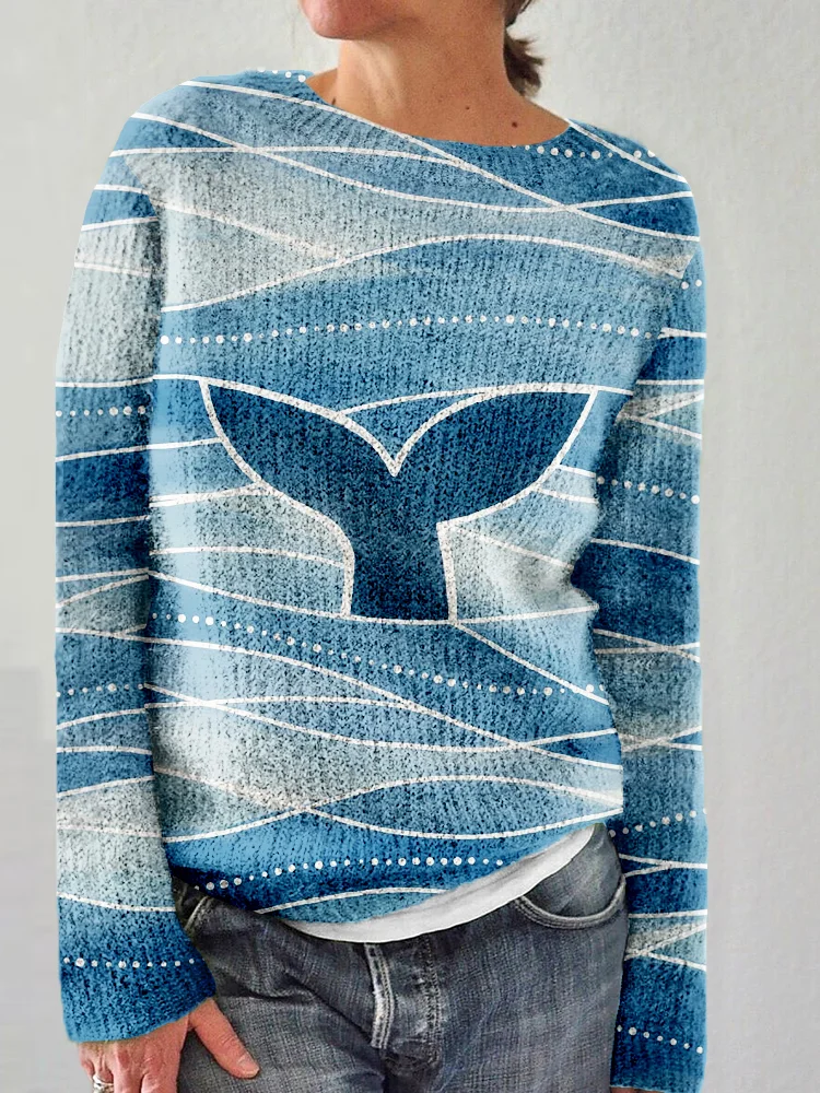 Whale Tail & Waves Graphic Crew Neck Cozy Sweater