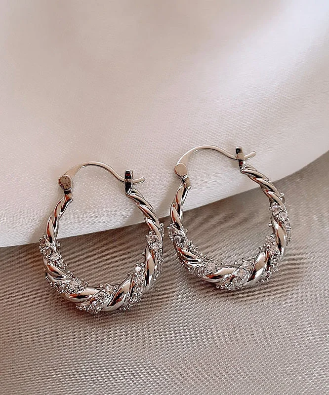 Fine Silk Sterling Silver Overgild Zircon U Shaped Fried Dough Twist Hoop Earrings