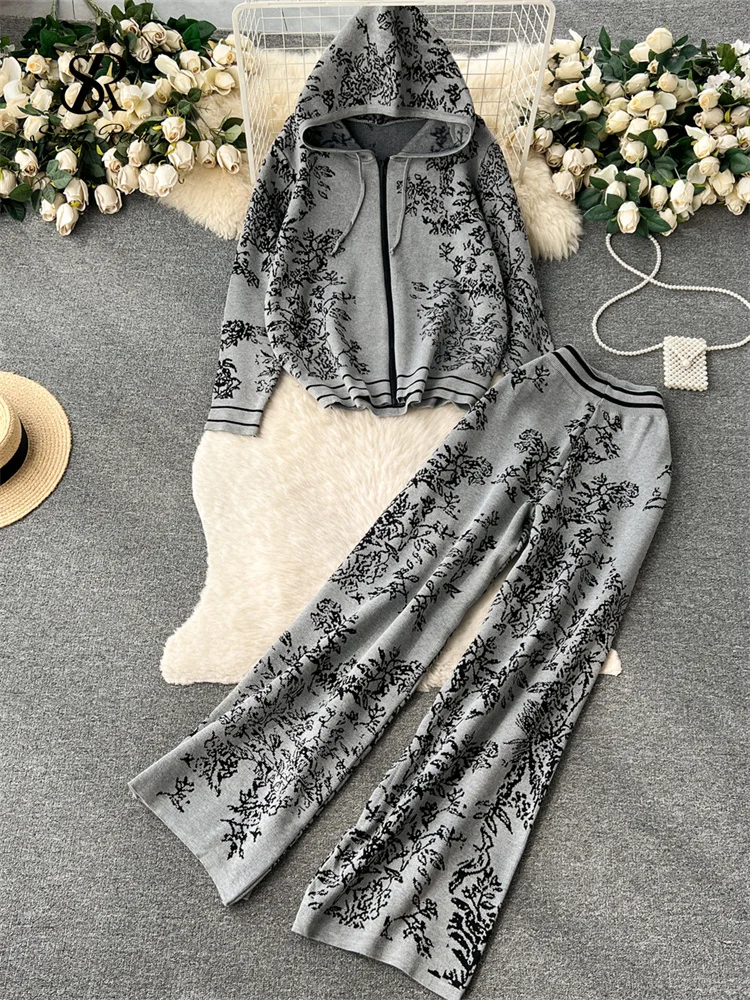 Huibahe Hoodie Sporty Suits Zipper Loose Cardigan+High Waist Wide Legs Long Pants 2024 Autumn Women Fashion Print Casual Sets