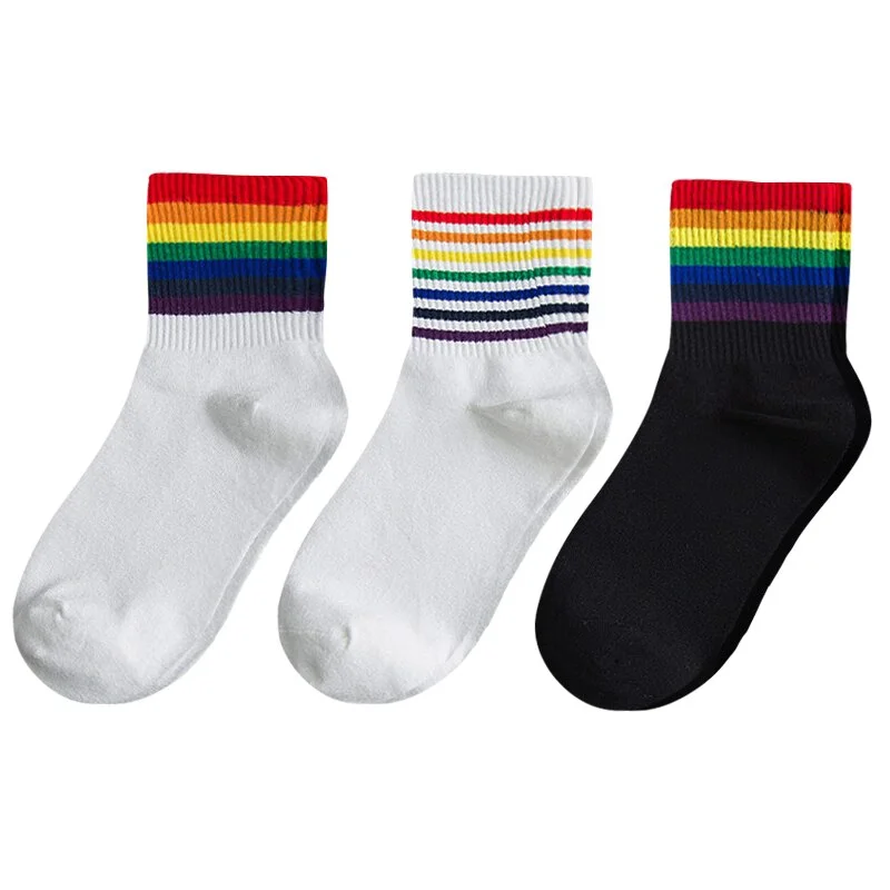 3 Pairs Fashion Women's Socks Cotton Unisex Rainbow Color Women Funny 100 Cotton Harajuku Designer Striped Standard Length Sock