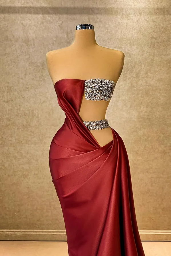 Daisda Red Sleeveless Strapless Square Beads Mermaid Prom Dress