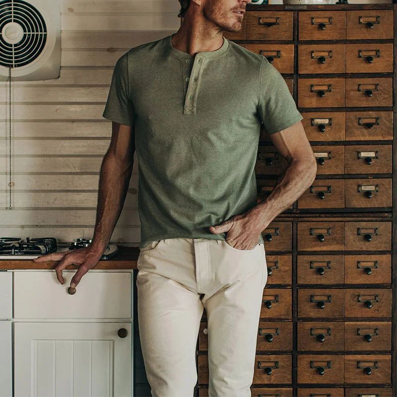 Retro Simple Cotton Henry Collar Short Sleeve T-shirt