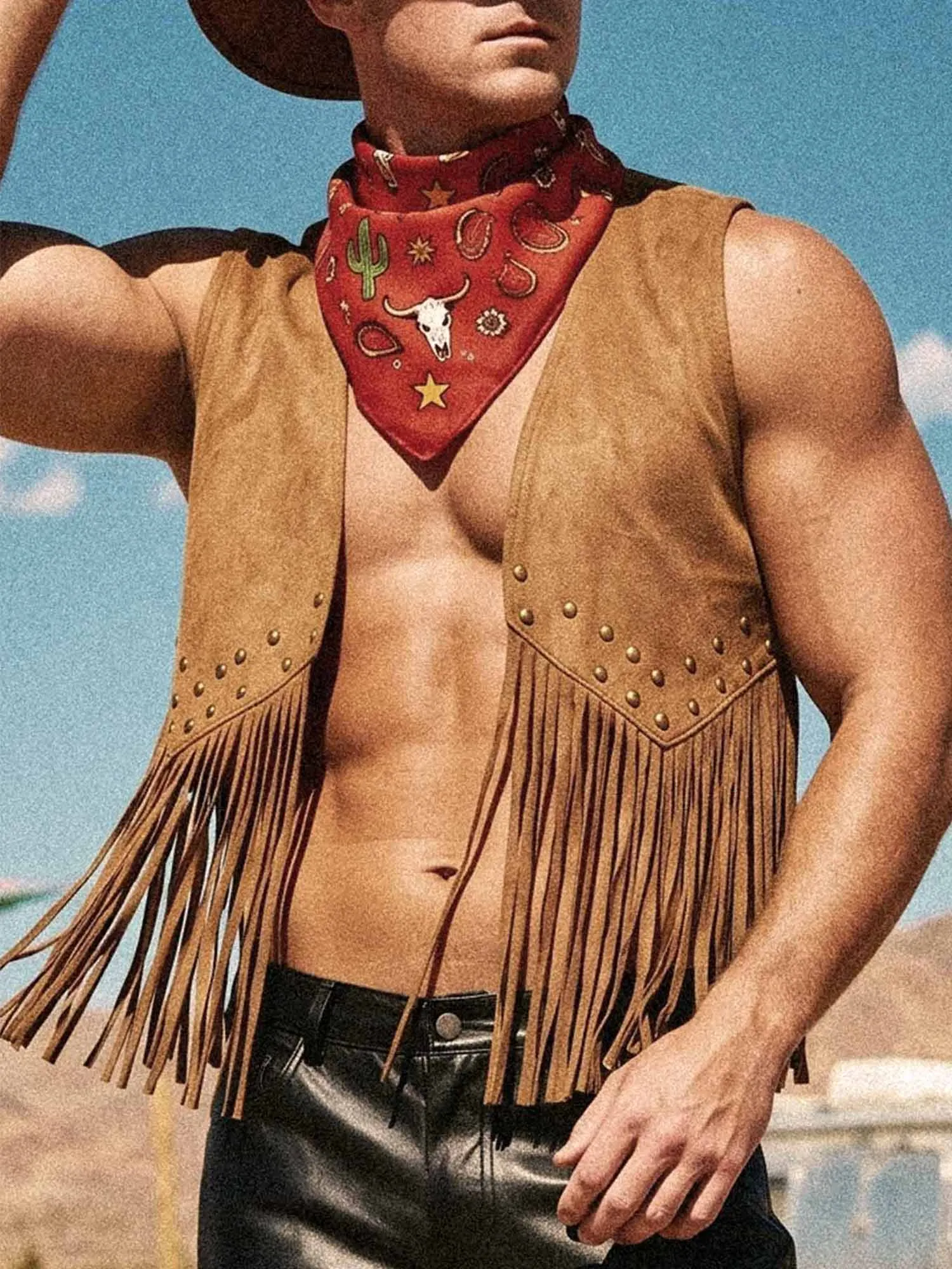 Men'S Tassel Vest, Suede-Like Front-Opening Retro Vest, Sleeveless 70s Bohemian Western Jacket