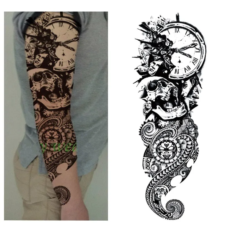 Full Flower Arm Temporary Tattoo Sticker Rose Clock Body Art Water Transfer Fake Tatoo Sleeve For Men Women