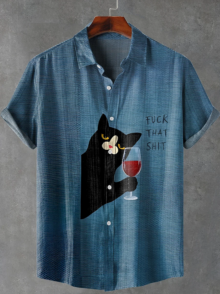 Men's Red Wine Cat Cheers Fuck That Shit Print Short Sleeve Shirt