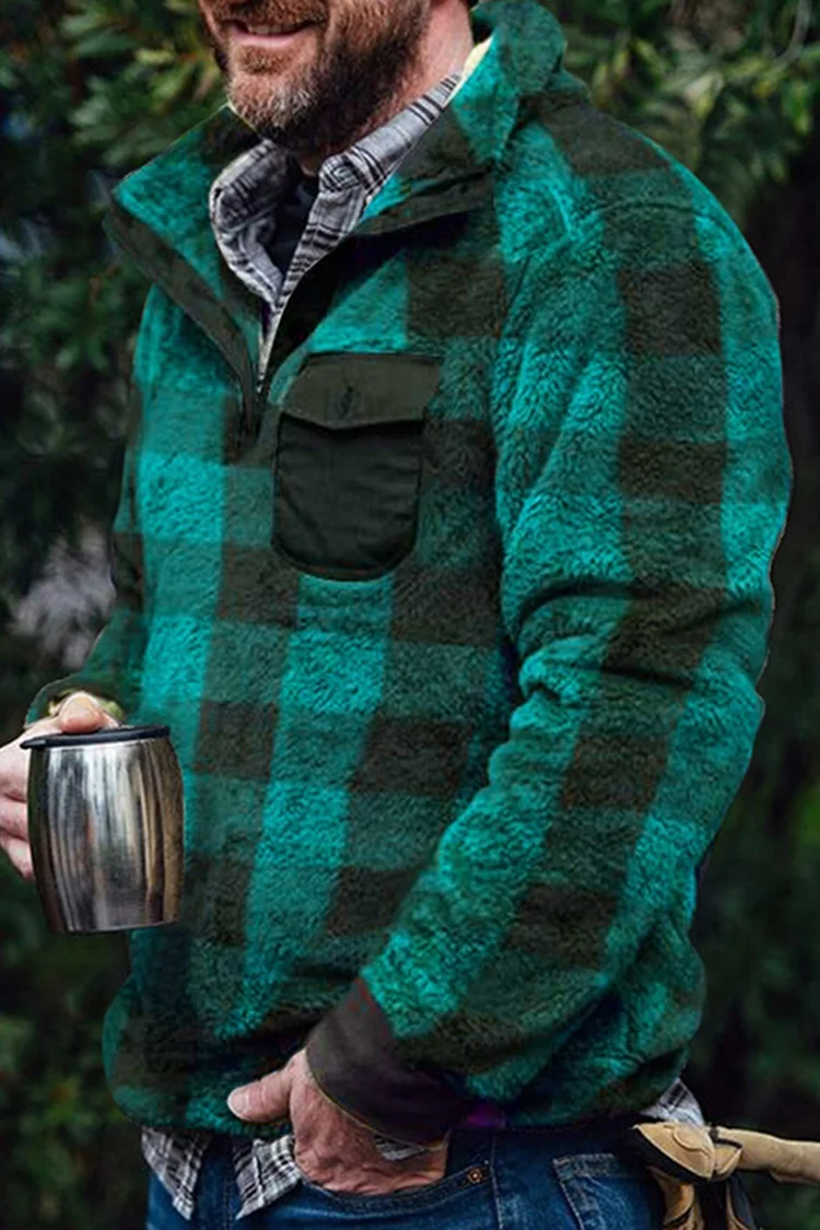 Casual Green Check Half-Zip Sweatshirt
