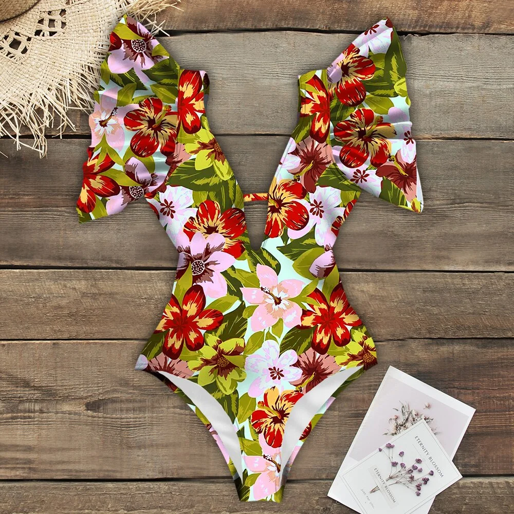 2022 New Ruffle One Piece Swimsuit Off The Shoulder Swimwear Women Deep-V Bathing Suit Bodysuit Beach Wear Swim Suit Monokini
