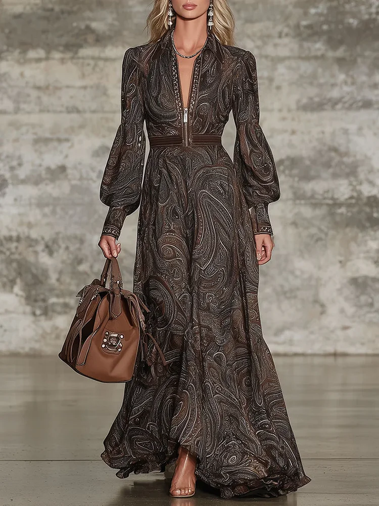 Elegant Vintage Paisley Zip Maxi Dress