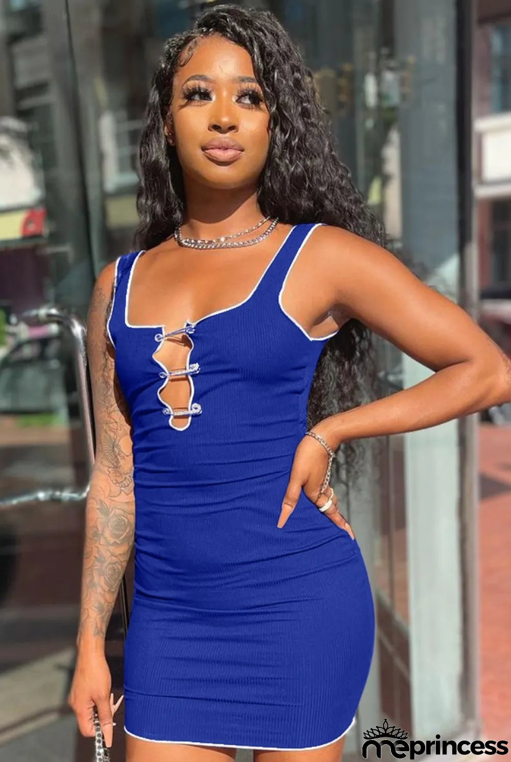 Summer Sexy Dark Blue Hollow Out Fitted Tank Dress