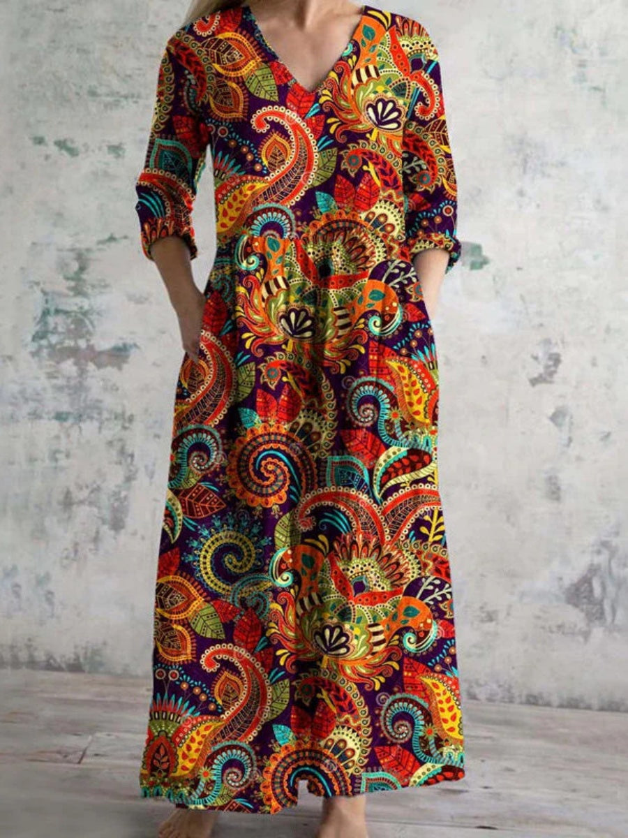 Women's 3/4 Sleeve V-neck Floral Printed Midi Dress