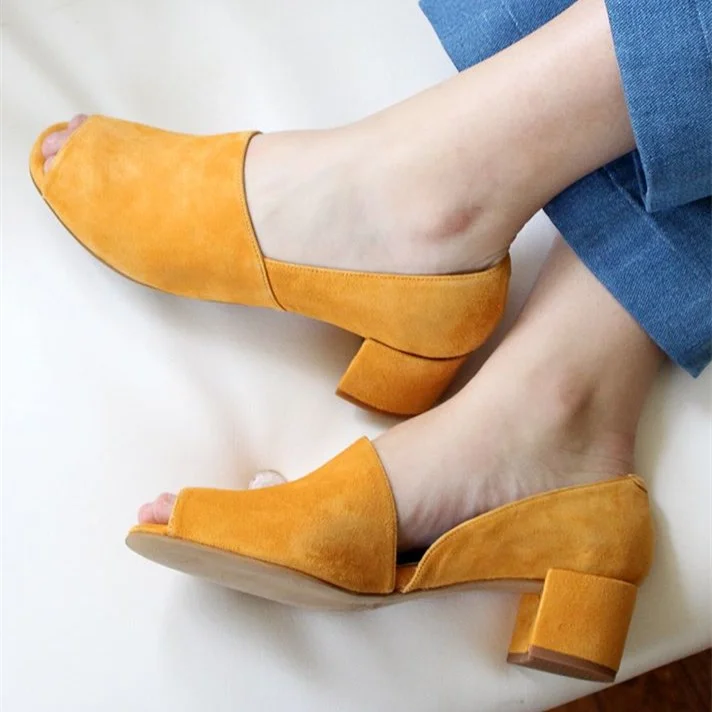 Mustard Block Heels Vegan Suede Peep Toe Vintage Shoes |FSJ Shoes