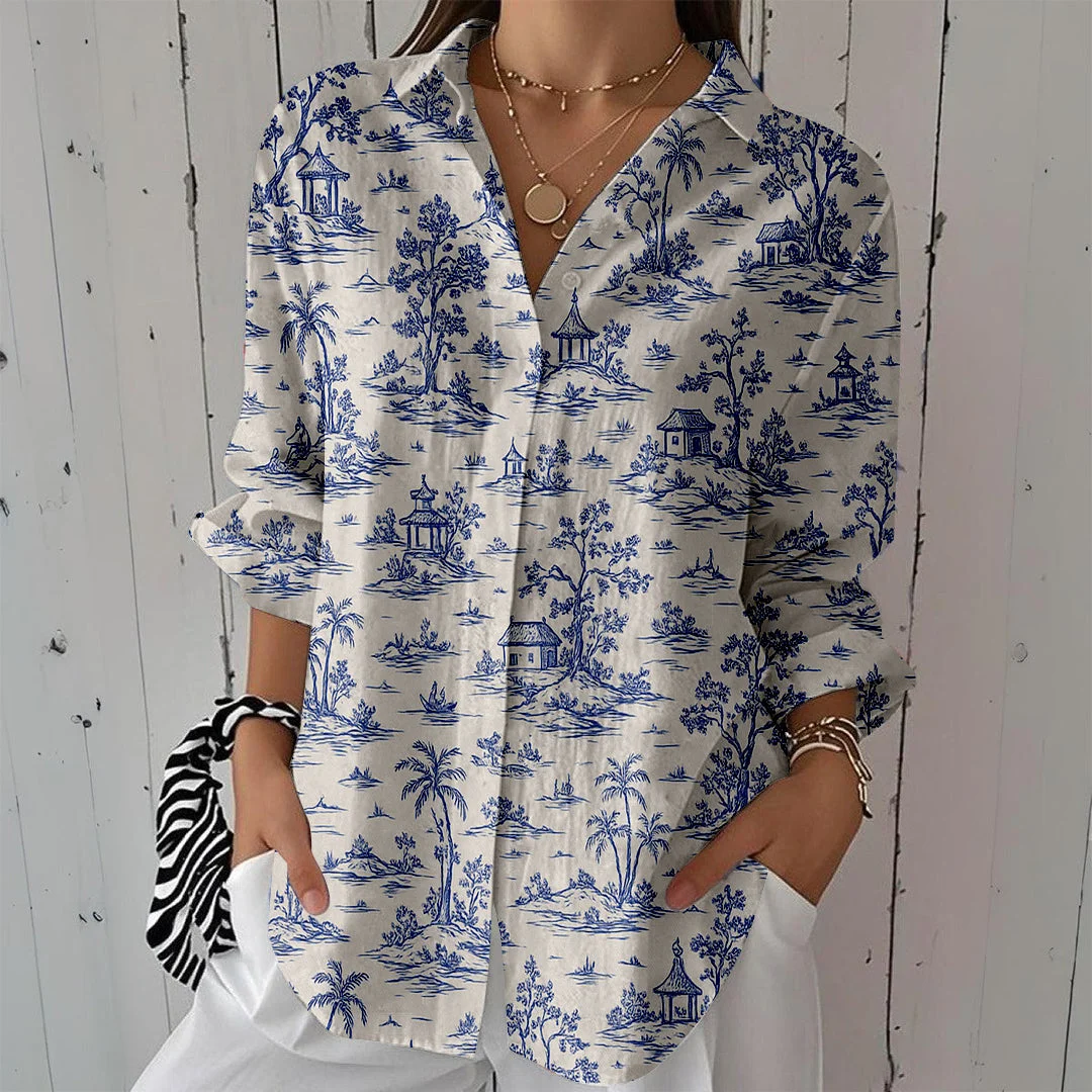 Style & Comfort for Mature Women Women Tropical,  Blue DZCL0438 3/4 Sleeve Shirt Collar Printed Button Tops