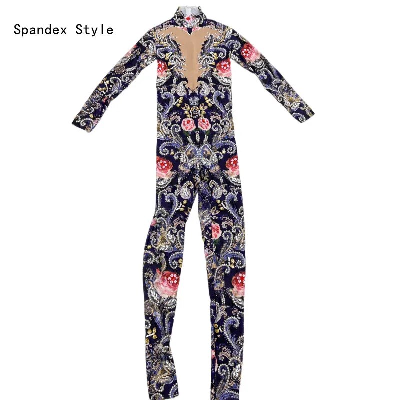 VCSHOES Stage Performance Costume Rose Flower Pearl Stretch Jumpsuit Floral Rhinestones Leotard Party Evening Outfits