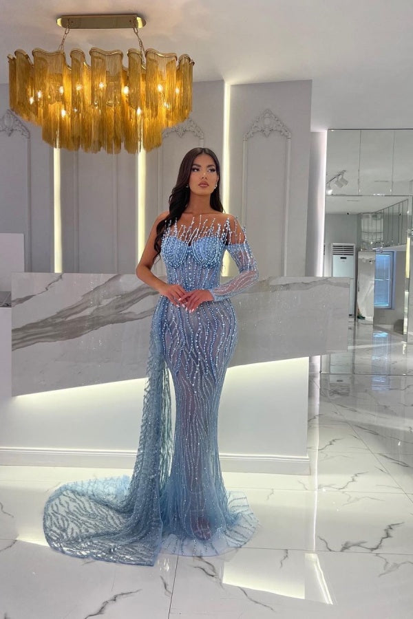 Lvs&Broner Baby Blue Strapless Long Sleeve Mermaid Long Prom Dress With Beading