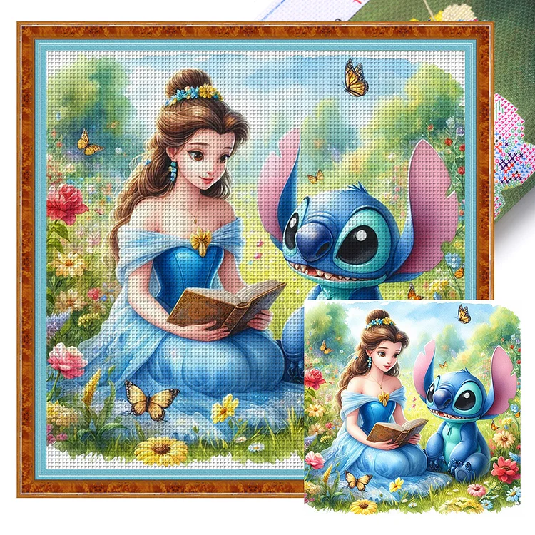 Disney-Princess Belle And Stitch (35*35cm) 18CT Stamped Cross Stitch gbfke