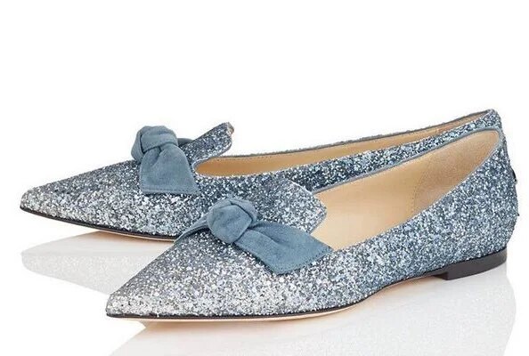 VCSHOES Women Blue Black Beige Bling Bling Glitter Sequined Bows Tie Butterfly Knot Pointed Toe Casual Flats Lady