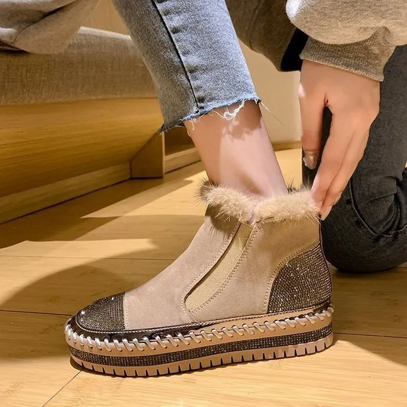 Hairy shoes women's outer wear winter 2021 new thick-soled rhinestone high-top lazy fashion boots women velvet woman boots Wool