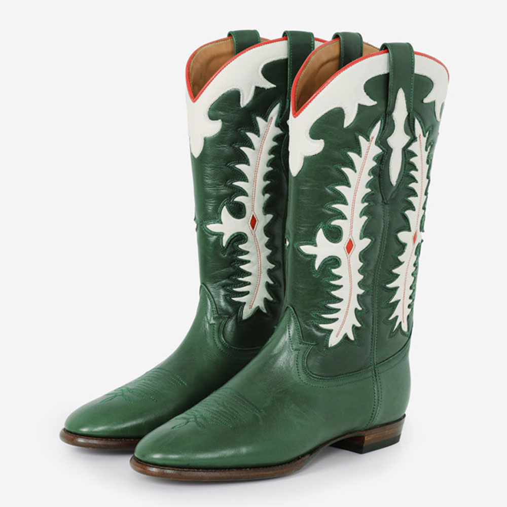 Green Round Toe Patchwork Embroidered Cowgirl Boots with Chunky Heel Nicepairs