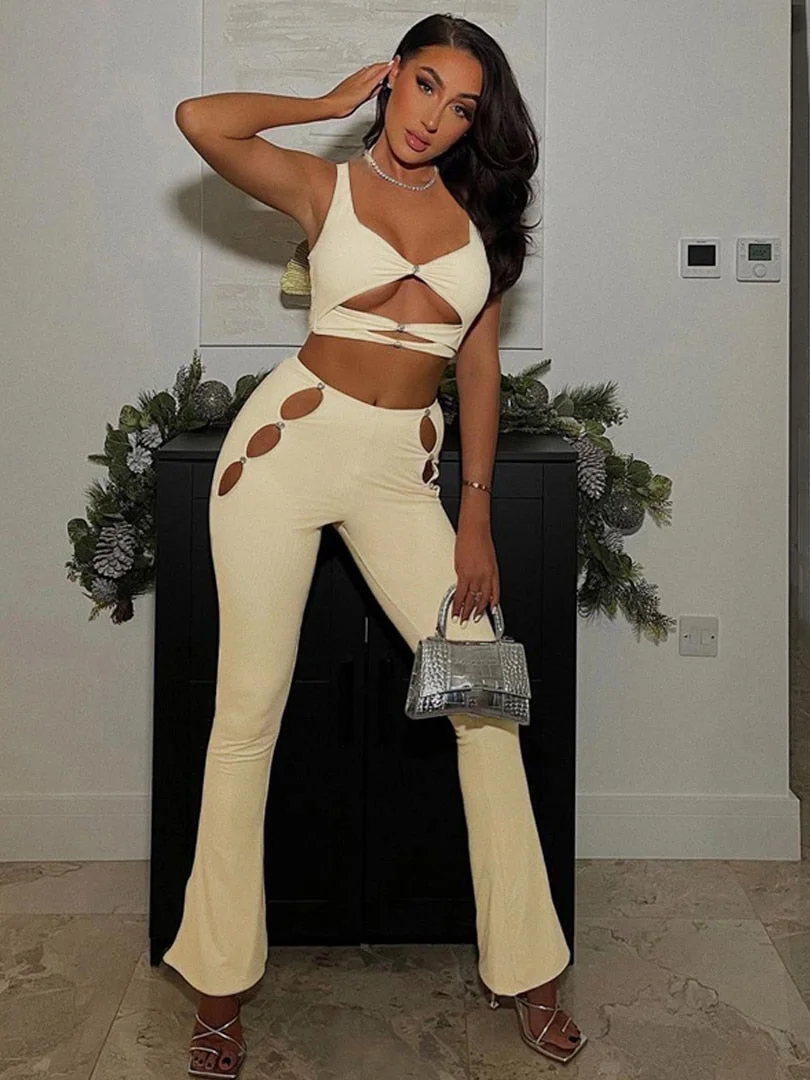 Hugcitar Diamond Halter Sleeveless Crop Top Hollow Out Flare Pants 2 Pcs Matching Set 2022 Evening Party Sexy Slim Elegant Y2K
