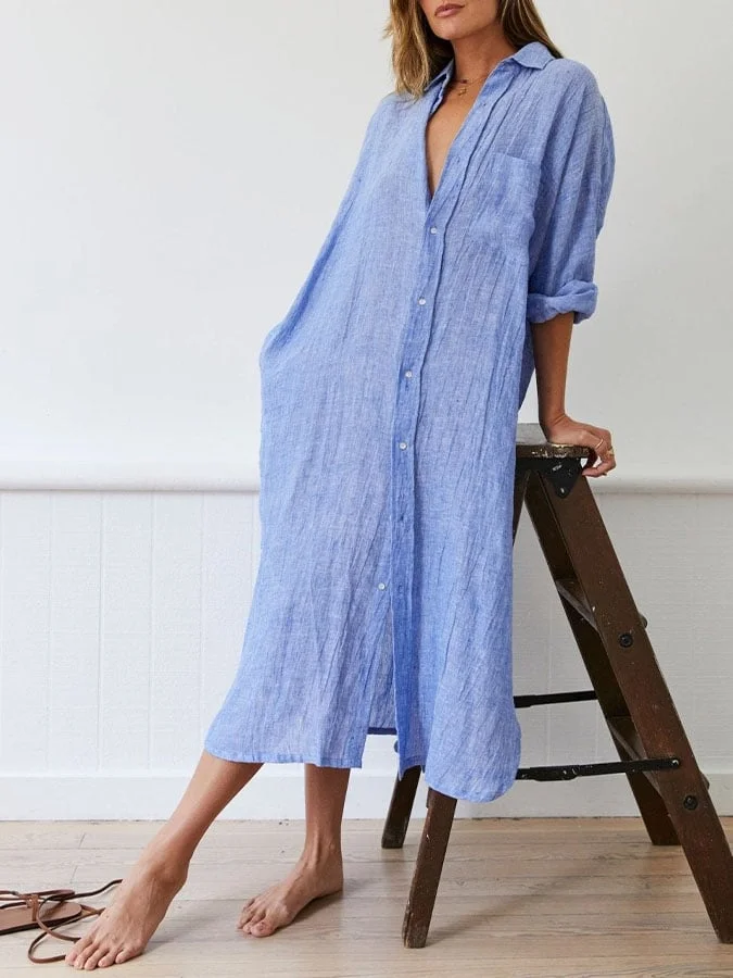 Women's Casual Solid Color Lapel Long Sleeve Button Shirt Dress