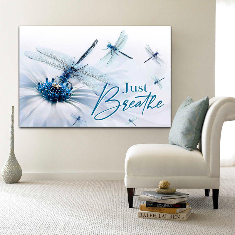 Blue Dragonfly Just Breathe Canvas Wall Art 