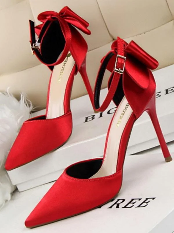 Stiletto high heel shallow pointy satin hollow back bow sandals