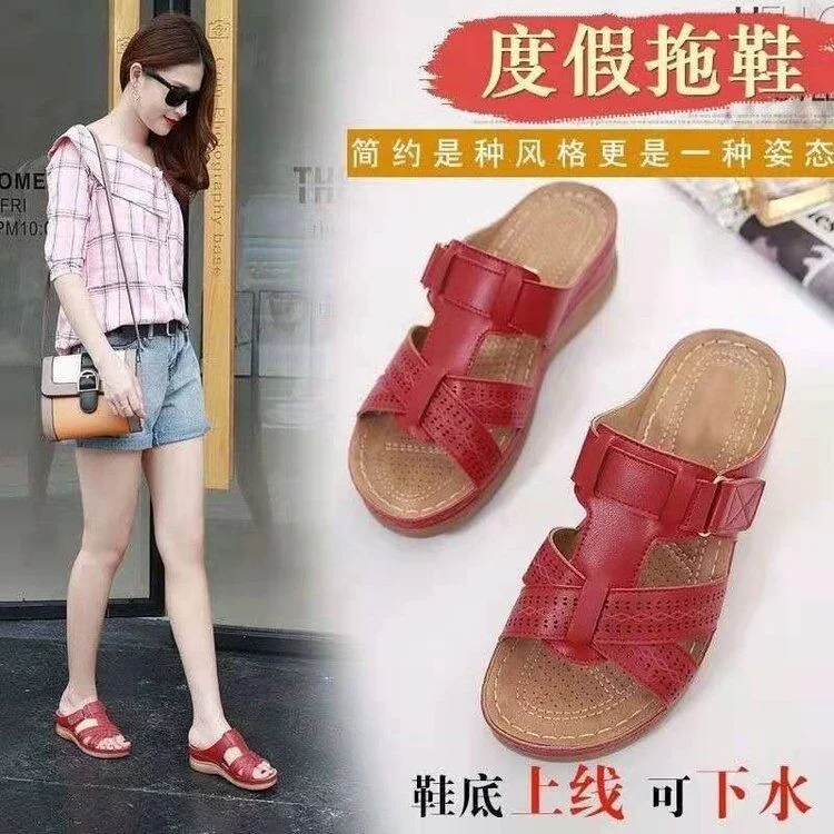 Tanguoant Tanguoant 外码车缝线镂空厚底拖鞋女坡跟休闲凉拖women Slippers