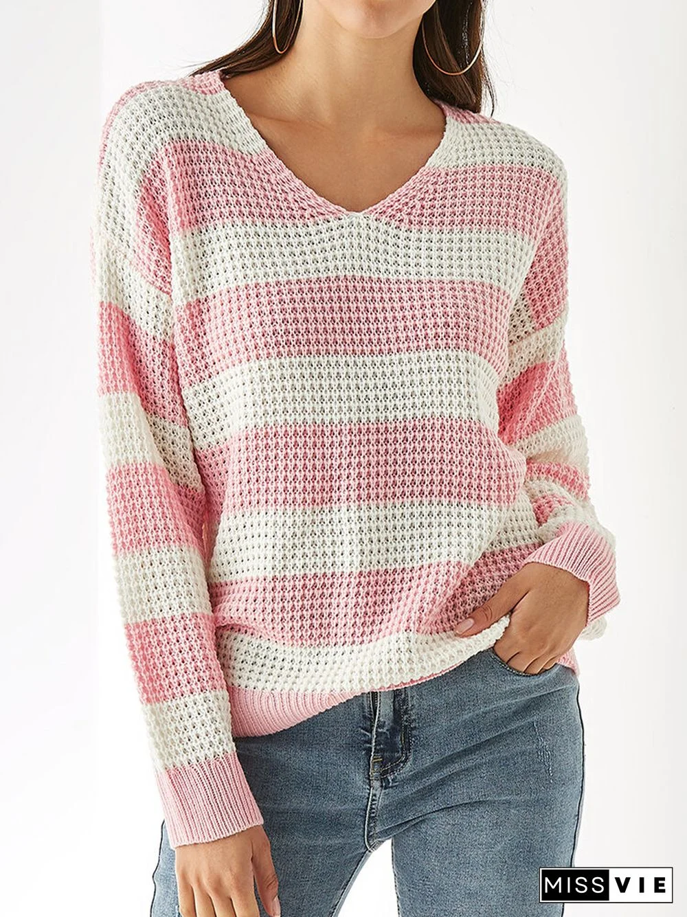 Contrast Color Striped Print Knitted Long Sleeve Casual Sweater for Women