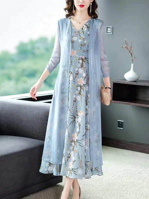 Women's Long Sleeve V-neck Floral Printed Chiffon Two-Piece Midi Dress