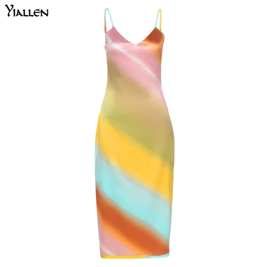 Yiallen New Multicolor Print Midi Dress Women V-Neck Spaghetti Sleeveless Slim Stretch Bodycon Streetwear Party Vacation Dress