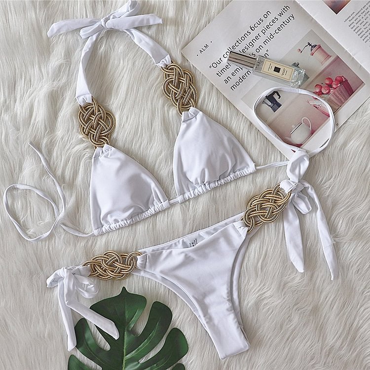 Flaxmaker White Sexy Halter Bikini Swimsuit