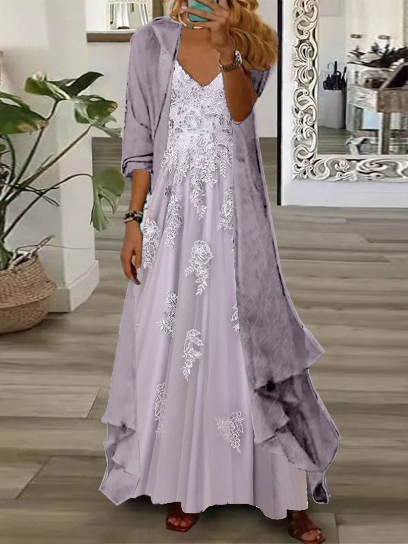 Women's Long Sleeve V-neck Floral Printed Two Pieces Maxi Dress