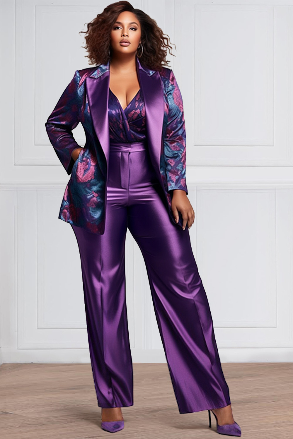 Design Plus Size Daily Pant Sets Elegant Purple Tribal Fall Winter Turndown Collar Long Sleeve Pocket Satin Blazer Suit Two Piece Pant Sets (Without Inner) [Pre-Order]