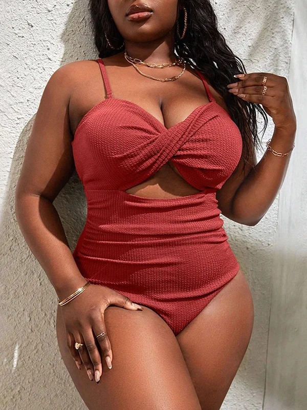 Padded Hollow Solid Color Spaghetti-Neck One-Piece Swimwear