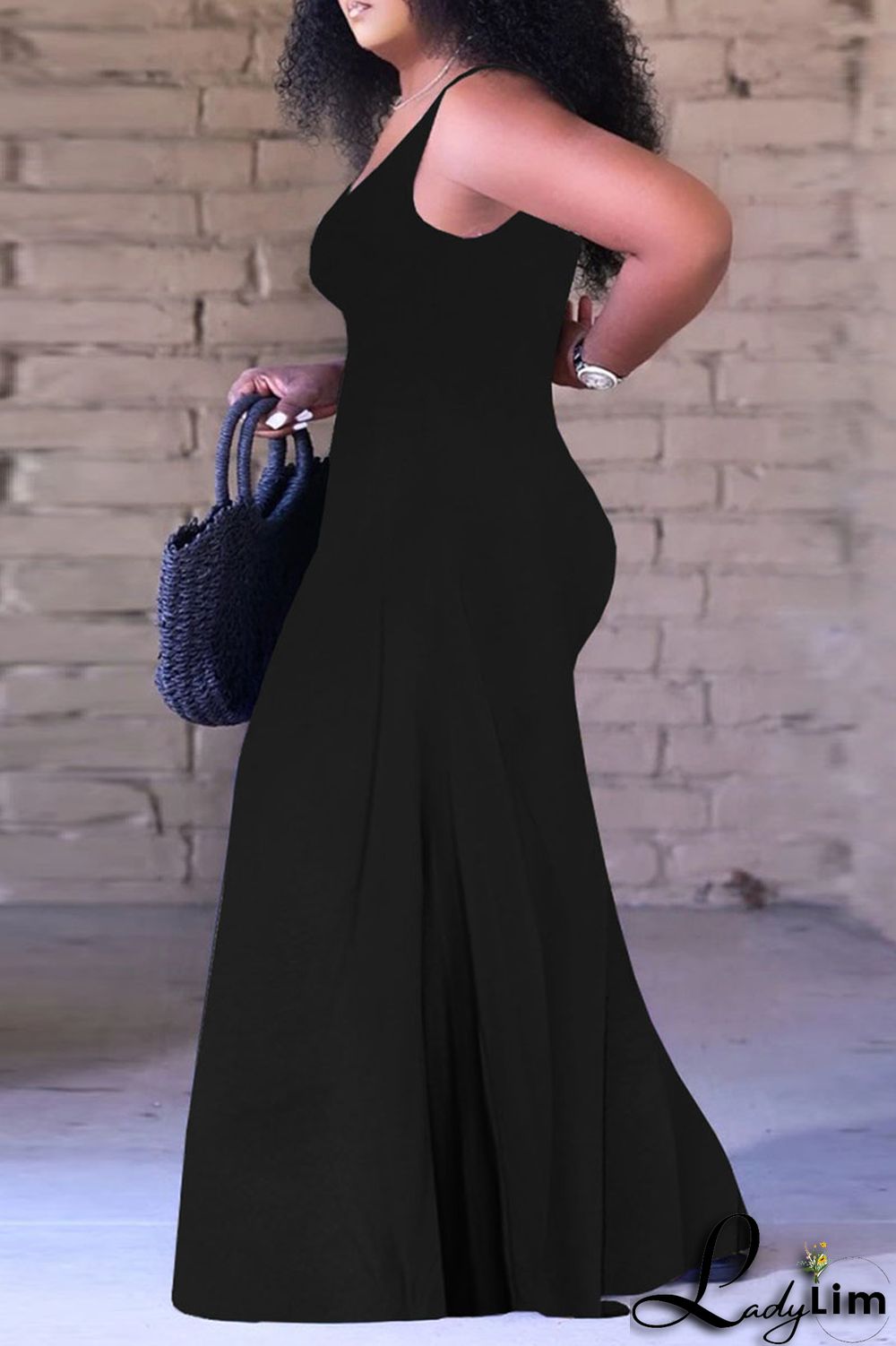 Black Sexy Solid Split Joint Spaghetti Strap Straight Jumpsuits