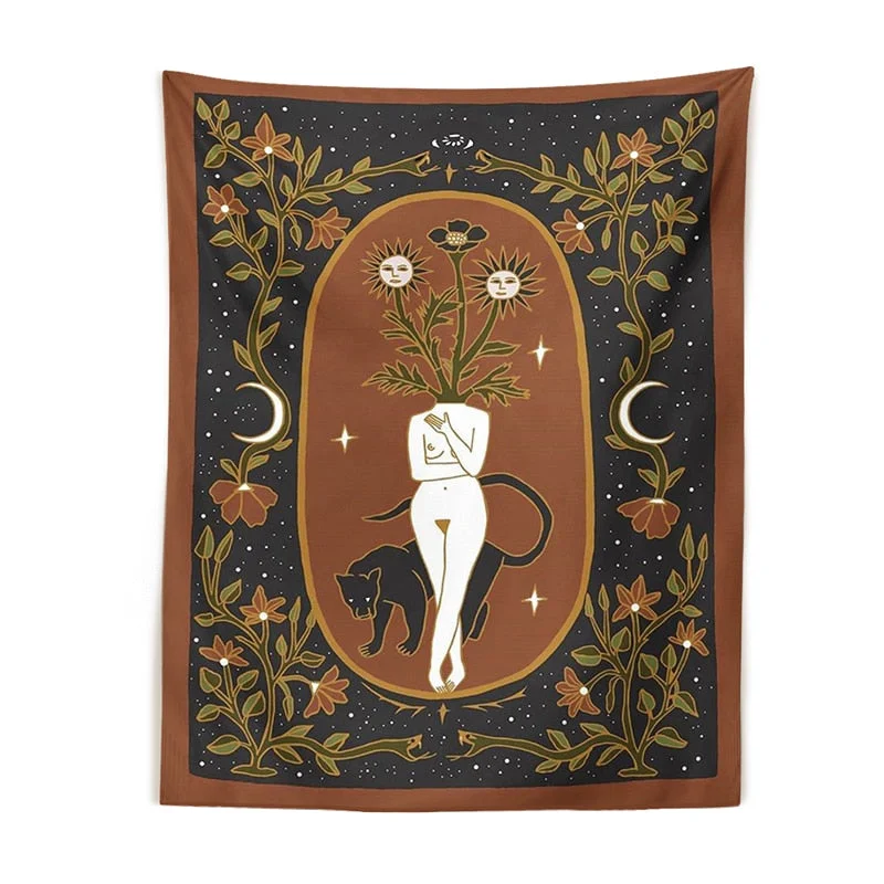 Moon Phase woman Tapestry tarot Witchcraft Moon leopard snake Goddess Sun Moon starry sky Wall Hanging Decor plant flower poster