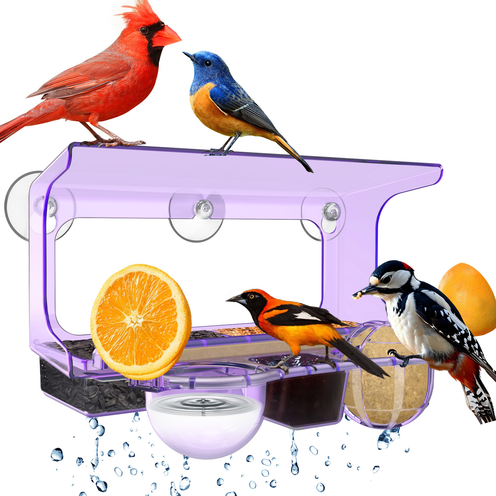 LUJII 6-in-1 Window Bird Feeder with Strongest Suction Cups, All-in-one Feeder for Bird Seed, Suet Ball, Mealworm, Oriole Orange Fruit, Jam or Water, 2 Removable Trays for Easy Cleaning, Purple