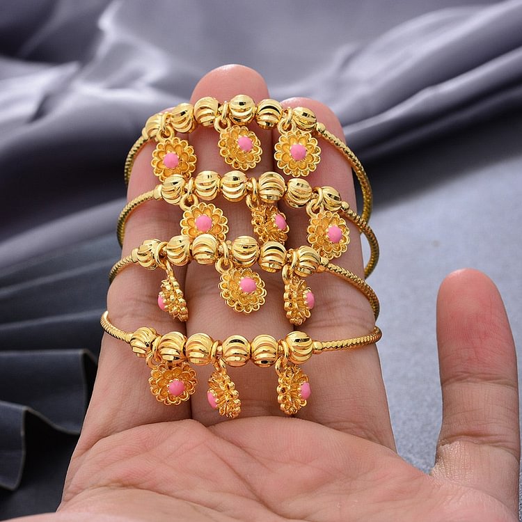 4pcs/Lot Dubai Gold Color Bangles For Baby Chind 3-12Years Girls Flower Wedding Bracelet