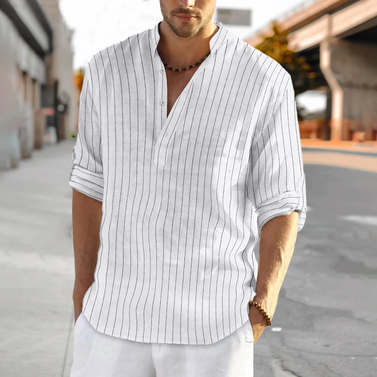 Comstylish Men's Casual Solid Color Stripes Linen Blend Long Sleeve Shirt