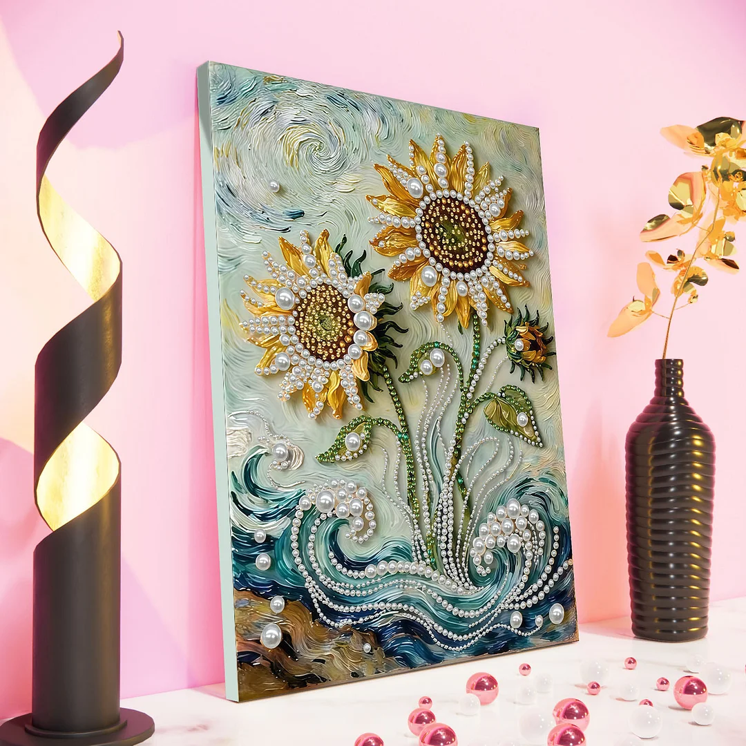 Sunflower DIY Pearl Diamond Art Painting Kit with Frame 11.81x15.75in Home Decor
