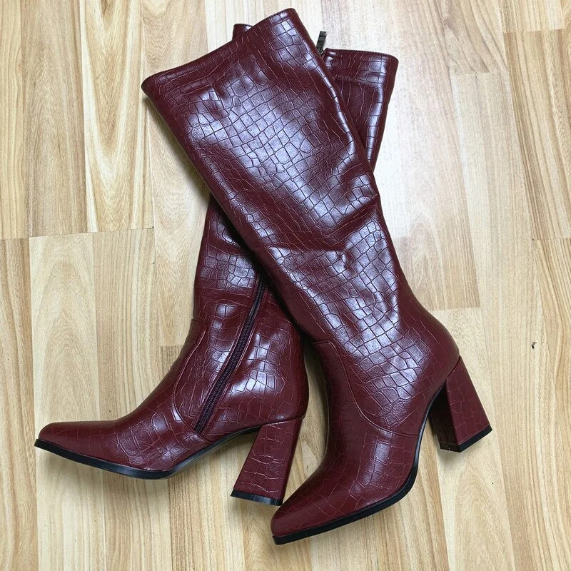 Faux Leather Women Knee High Boots poined Toe Boots Women Long thick High Heel Boots black gold yellow green